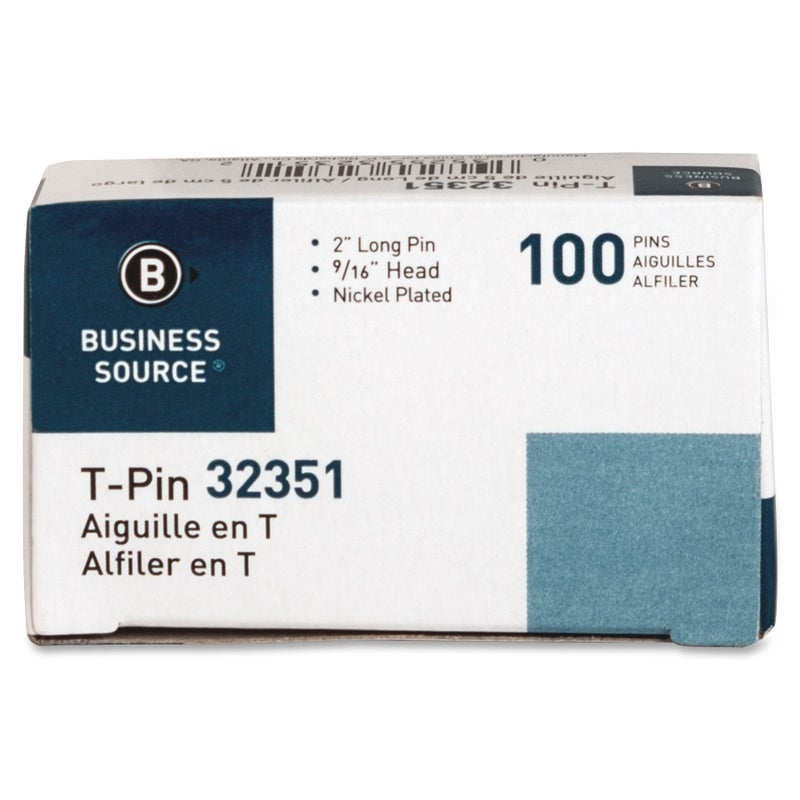 Business Source 32351 T-Pins, 9/16 in. Head Width, 2 in. Length, 100/BX, Silver - Image 2